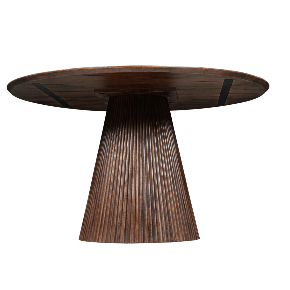 Donkerbruine ronde eettafel van mangohout onderkant