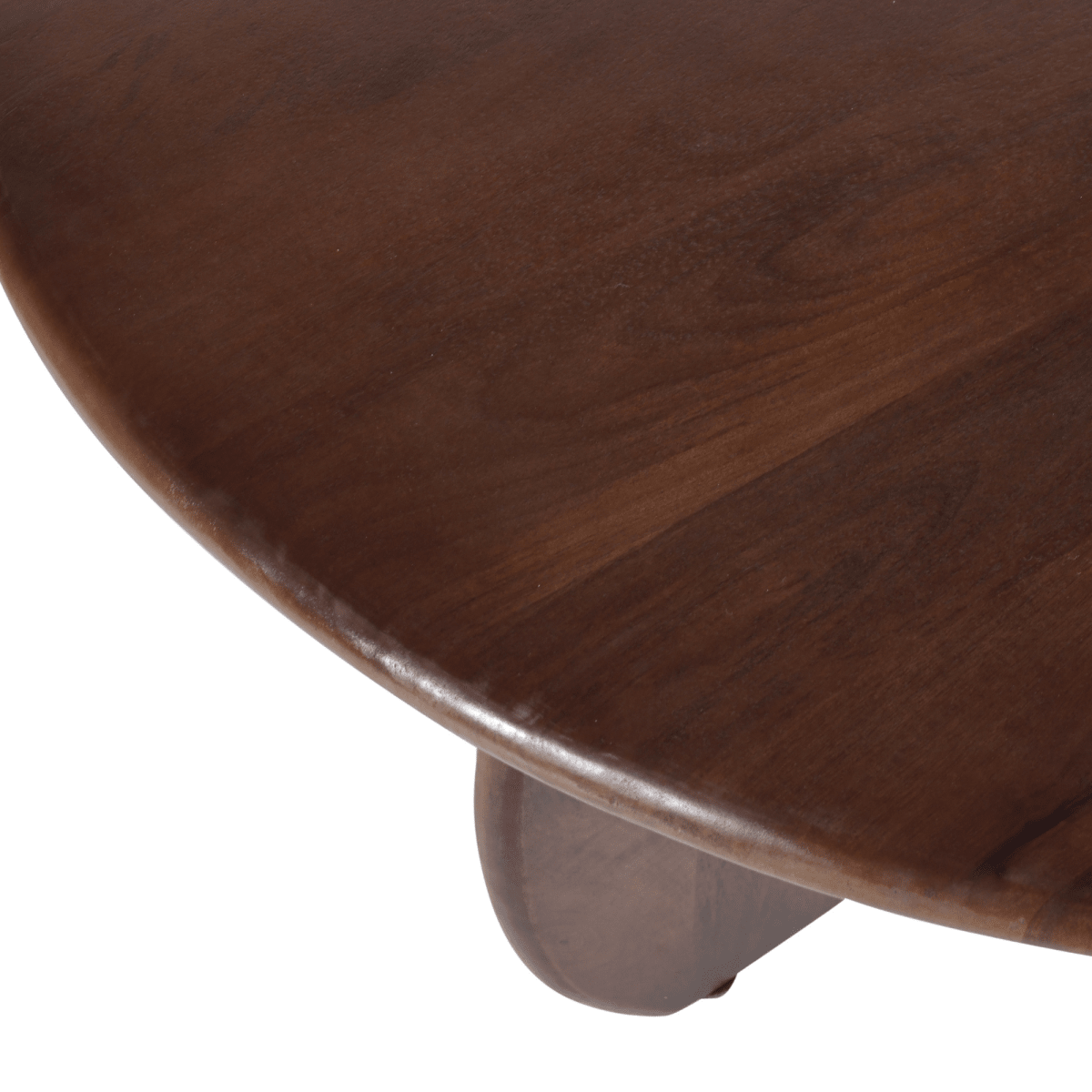 Donkerbruine ronde salontafel van mangohout closeup