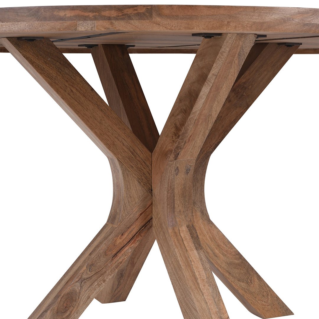 Bruine ronde eettafel van mangohout met houten onderstel
