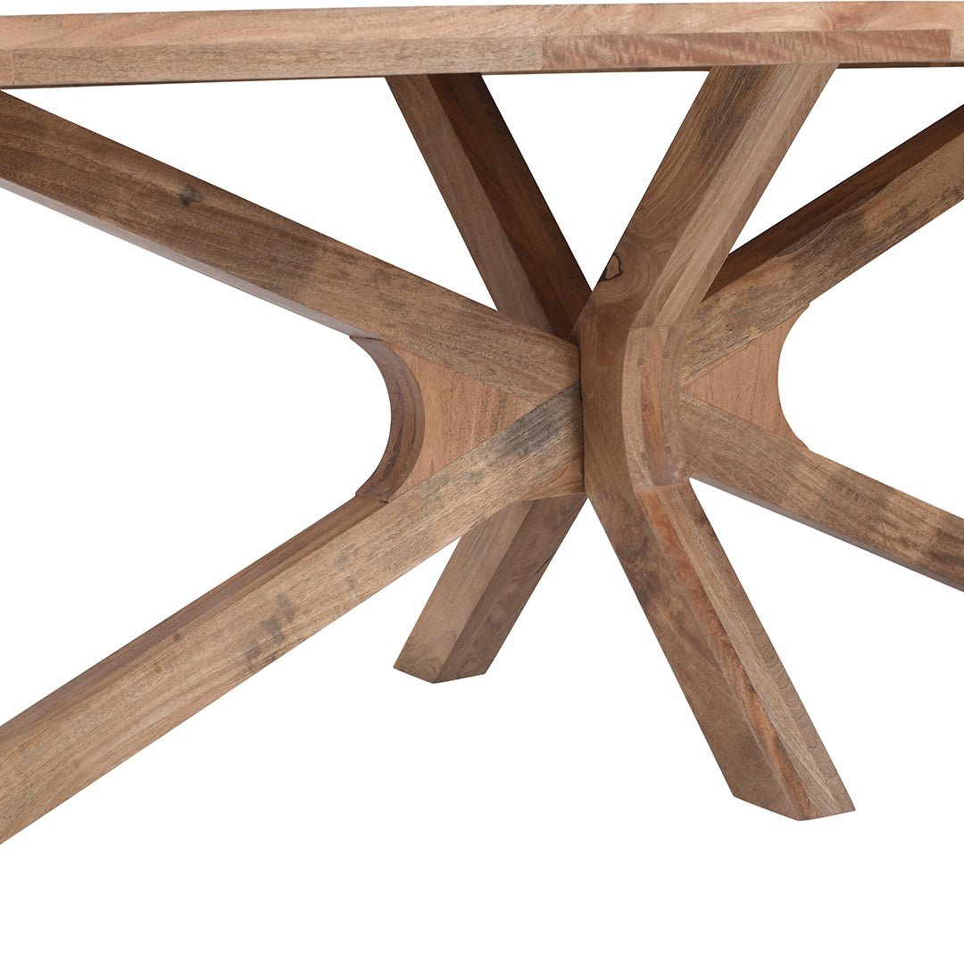 Lichtbruine ovale eettafel van mangohout met houten onderstel