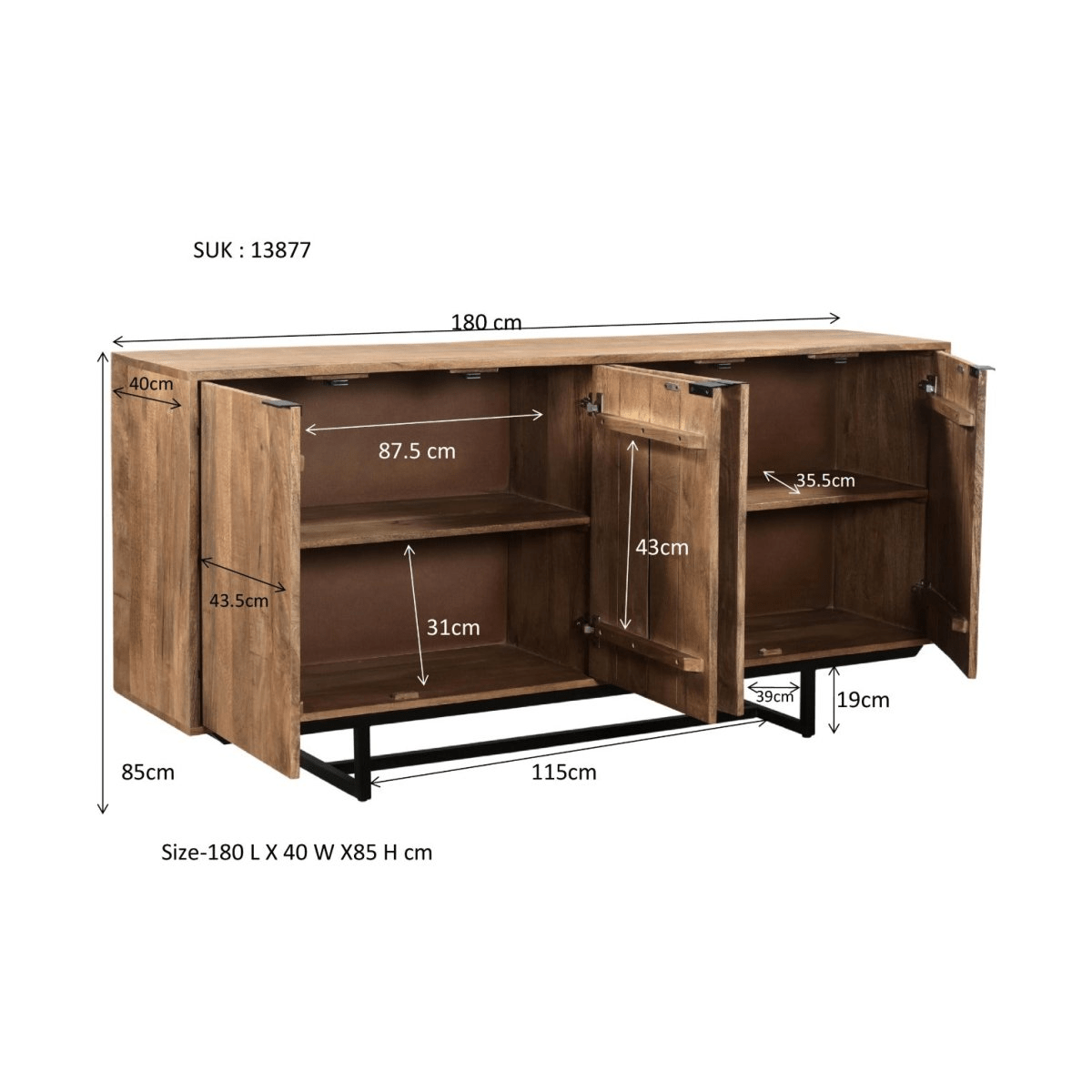 Mangohouten dressoir bruin 180cm