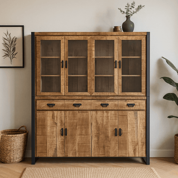 Mangohouten buffetkast met glazen deurtjes 190cm