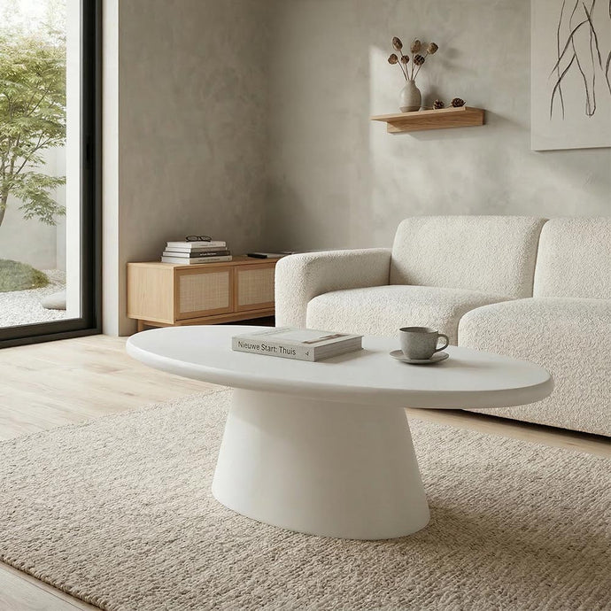 Salontafel Ovaal Savannah Microcement Kegelpoot 120 cm Wit Mahom