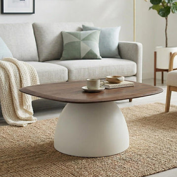 Salontafel met bruin mangohouten blad en witte poot