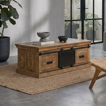 Mangohouten salontafel met zwarte schuifdeur