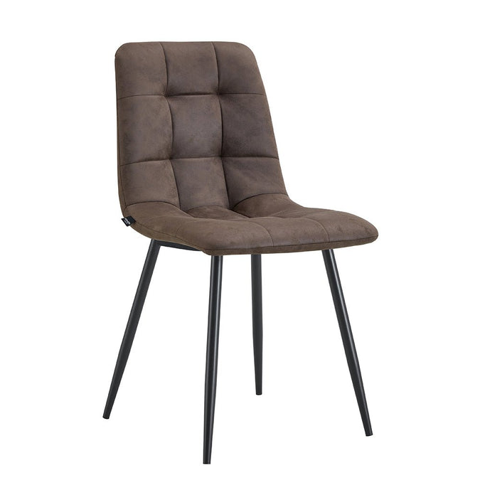 Eetkamerstoel van donker bruine stof met zwart onderstel Nox