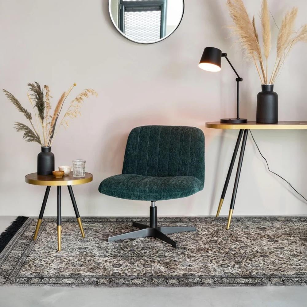 Loungefauteuil donkergroen ribstof met zwart onderstel