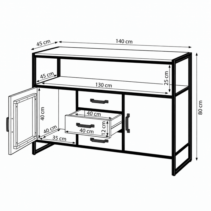 Mangohouten Dressoir Britt 140 cm met 3 lades en 2 deuren Mahom