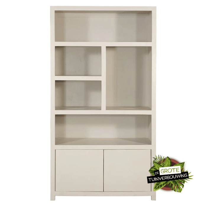 Mangohouten Wandkast Phoenix 120 cm Crème Mahom (5 open vakken, 2 deuren)