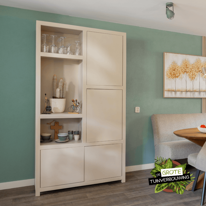 Mangohouten Wandkast Phoenix 120 cm Crème Mahom (3 open vakken, 4 deuren)