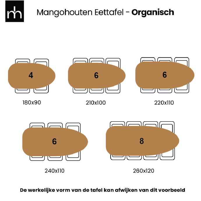Mangohouten Eettafel Organisch Laura 260x120 cm Walnoot Mahom
