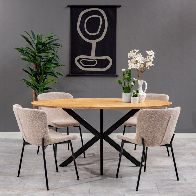 Eetkamerstoel Lille Zand Bouclé stof met zwart onderstel Mahom